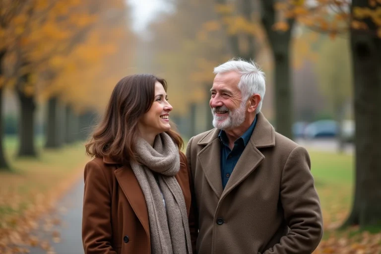 Femme souriante avec foulard dans un parc en automne