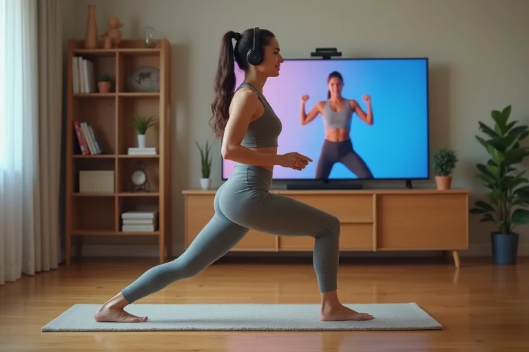 Jeune femme en yoga suivant un cours en ligne à la maison