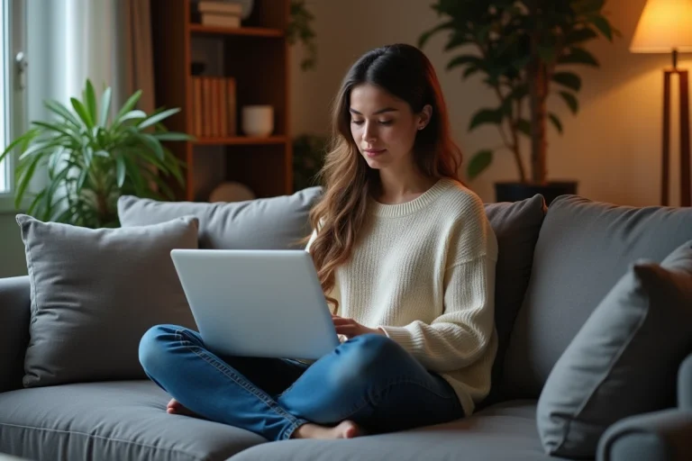 Jeune femme regardant un film sur son ordinateur portable dans un salon cosy