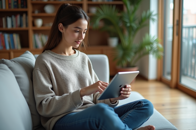 Jeune femme avec tablette dans un salon moderne