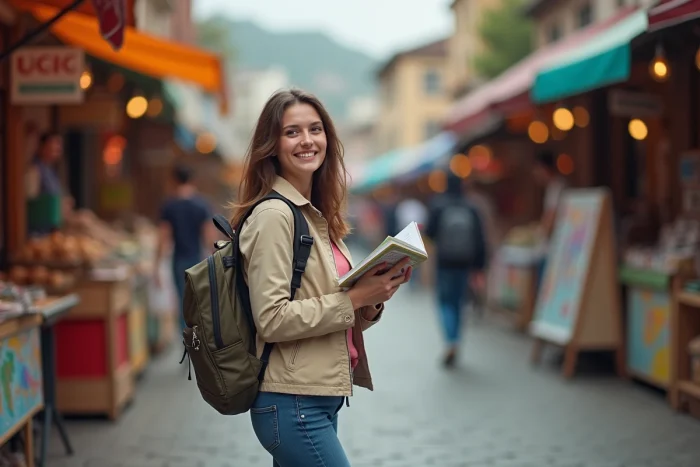 Jeune femme souriante dans un marché en plein air
