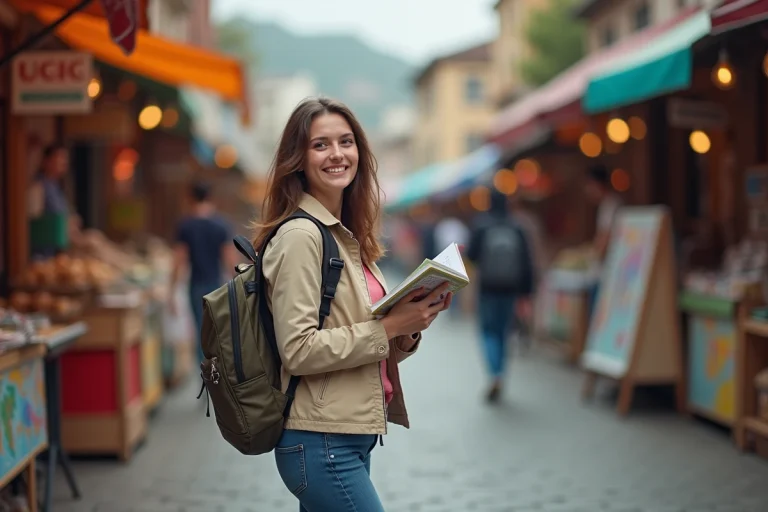 Jeune femme souriante dans un marché en plein air