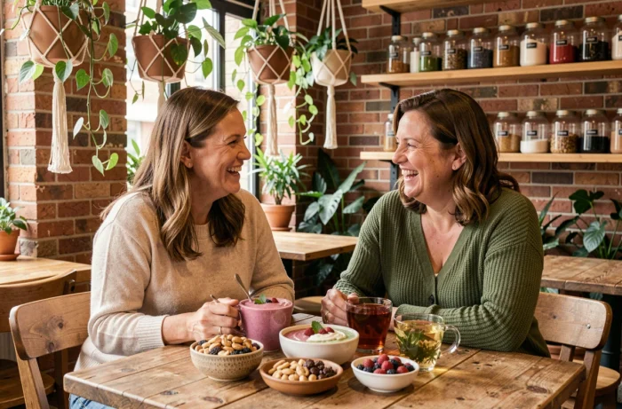 Deux femmes partageant un repas sain dans un café botanique, convivialité et nutrition équilibrée au quotidien