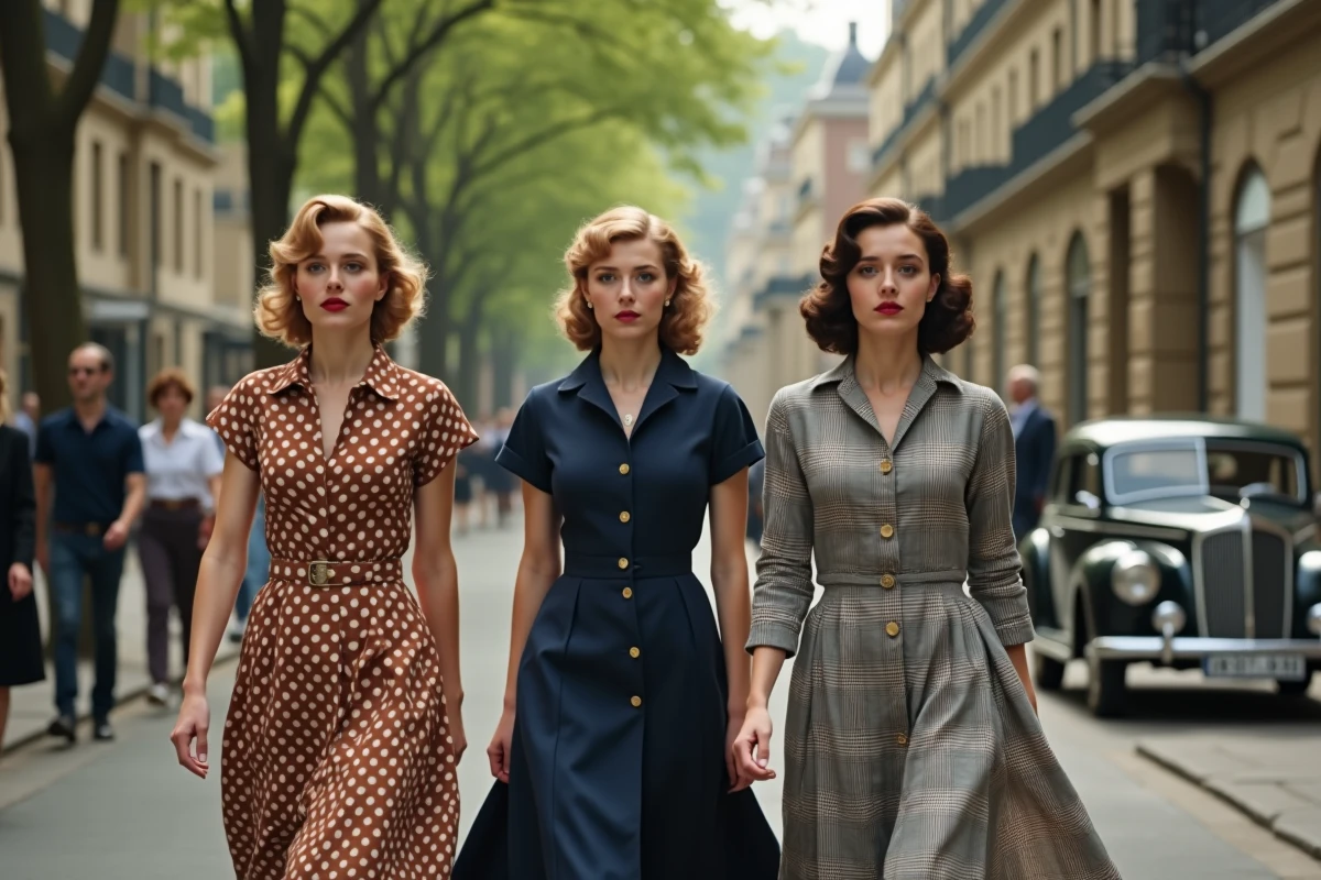 Trois femmes en robes vintage marchant dans une rue parisienne