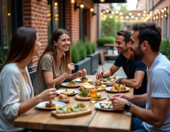 Groupe d'amis multiculturels partageant des petits plats internationaux autour d'une table lors d'un festival gastronomique urbain