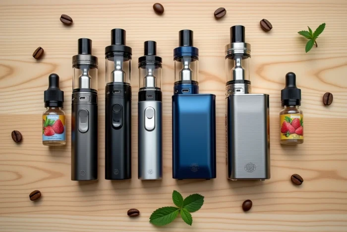 Présentation à plat de plusieurs e-cigarettes rechargeables et flacons d'e-liquides innovants sur fond bois