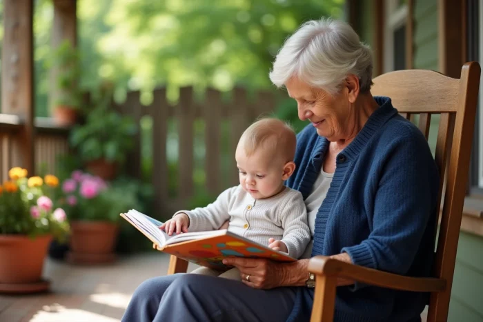 Grand-mère lisant un livre illustré à son petit-enfant sur une terrasse en bois entourée de verdure, encourageant l'éveil et la curiosité du bébé