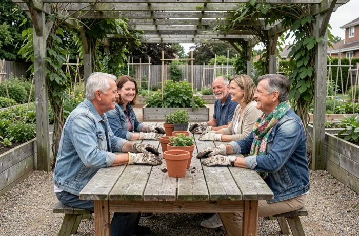 Groupe d'adultes de plus de 50 ans participant à un atelier jardinage communautaire, favorisant les nouvelles amitiés
