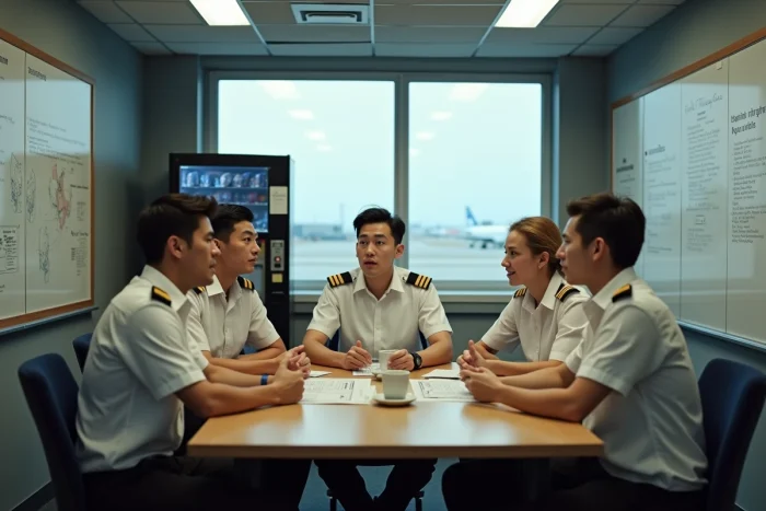 Groupe de cadets pilotes épuisés révisant des cartes de vol autour d'une table dans une salle de pause d'aéroport