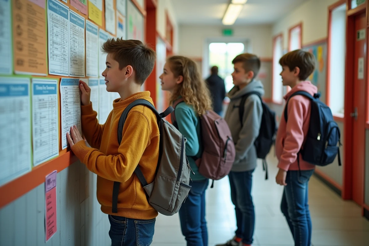 Groupe de quatre élèves discutant devant un tableau de notes dans le couloir