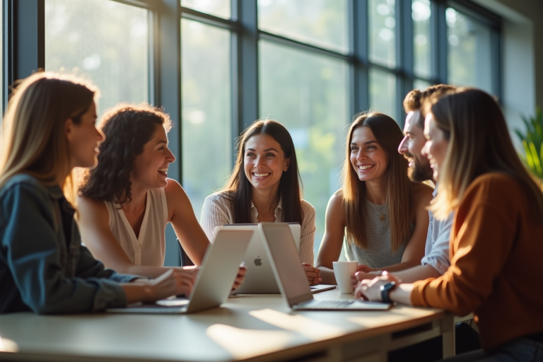 Groupe d'entrepreneurs collaborant dans un espace de coworking lumineux