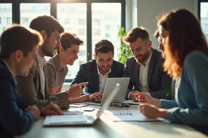 Groupe divers en réunion dans un bureau lumineux