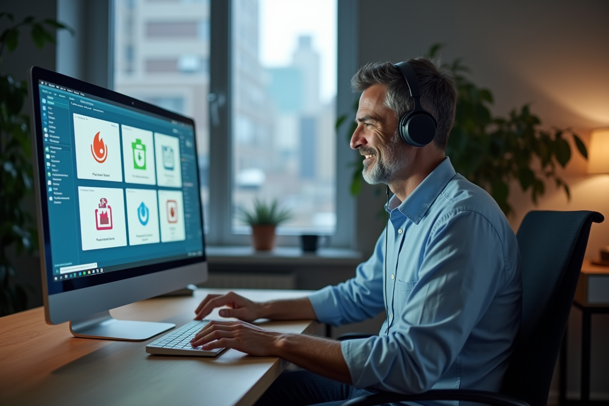 Homme d age moyen travaillant sur un ordinateur