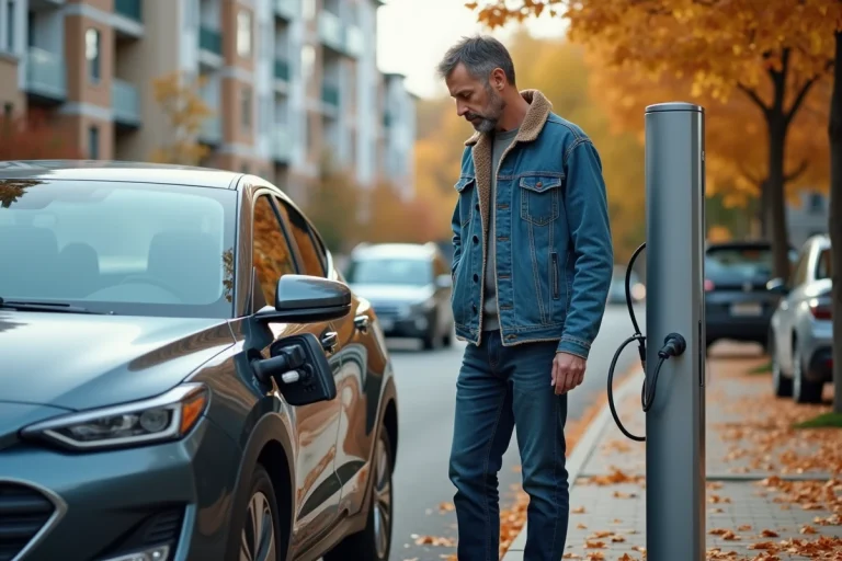 Homme d'âge moyen examine la prise de charge hybride