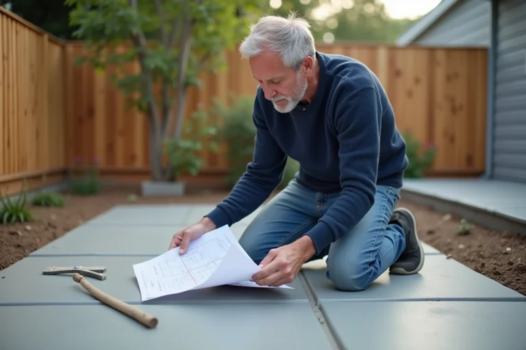 Homme d'âge moyen étudie des plans de construction à côté d'une terrasse en béton