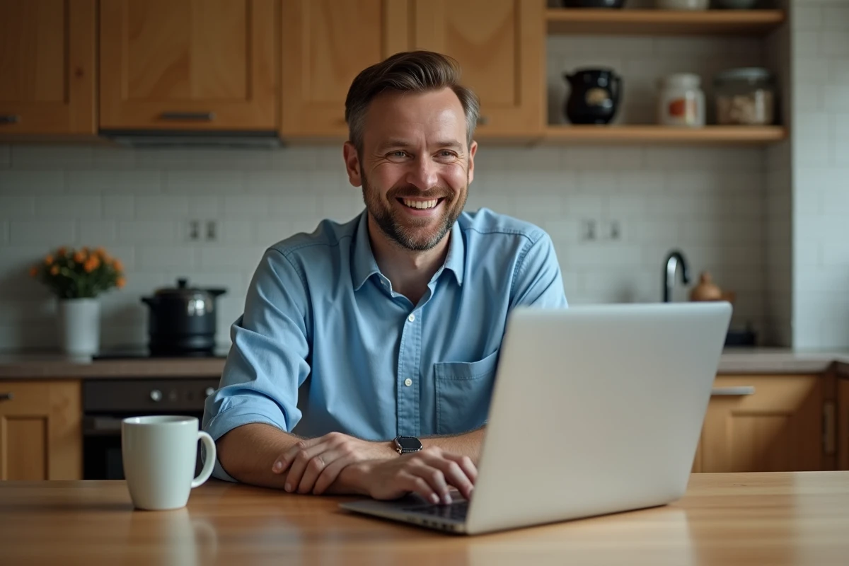 Homme souriant utilisant un ordinateur portable dans la cuisine