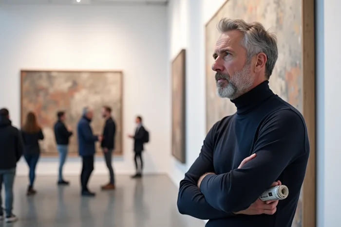 Homme contemplant une œuvre d'art contemporaine dans une galerie blanche avec un magazine d'art sous le bras