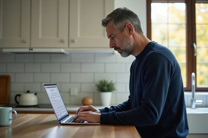 Homme lisant les infos du matin sur un ordinateur portable dans une cuisine moderne