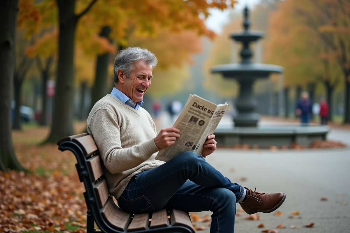 Homme âgé lisant une presse dans un parc en automne