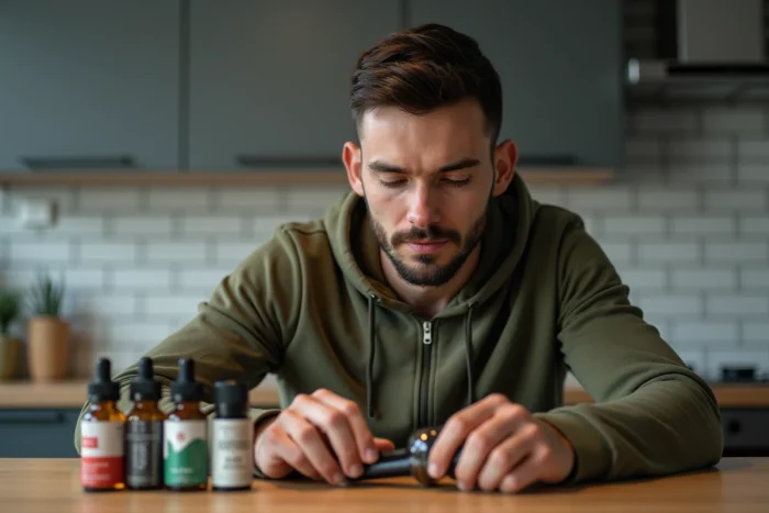 Homme remplissant une e-cigarette rechargeable avec un e-liquide aromatisé dans une cuisine moderne