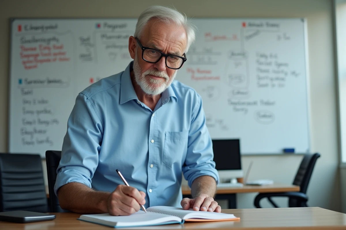 Homme senior écrivant dans un carnet dans un bureau moderne
