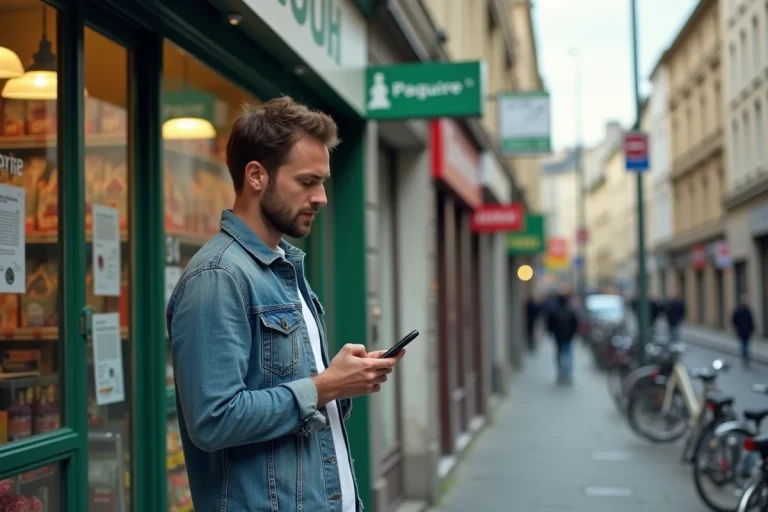 Homme regardant son smartphone devant un magasin de proximité