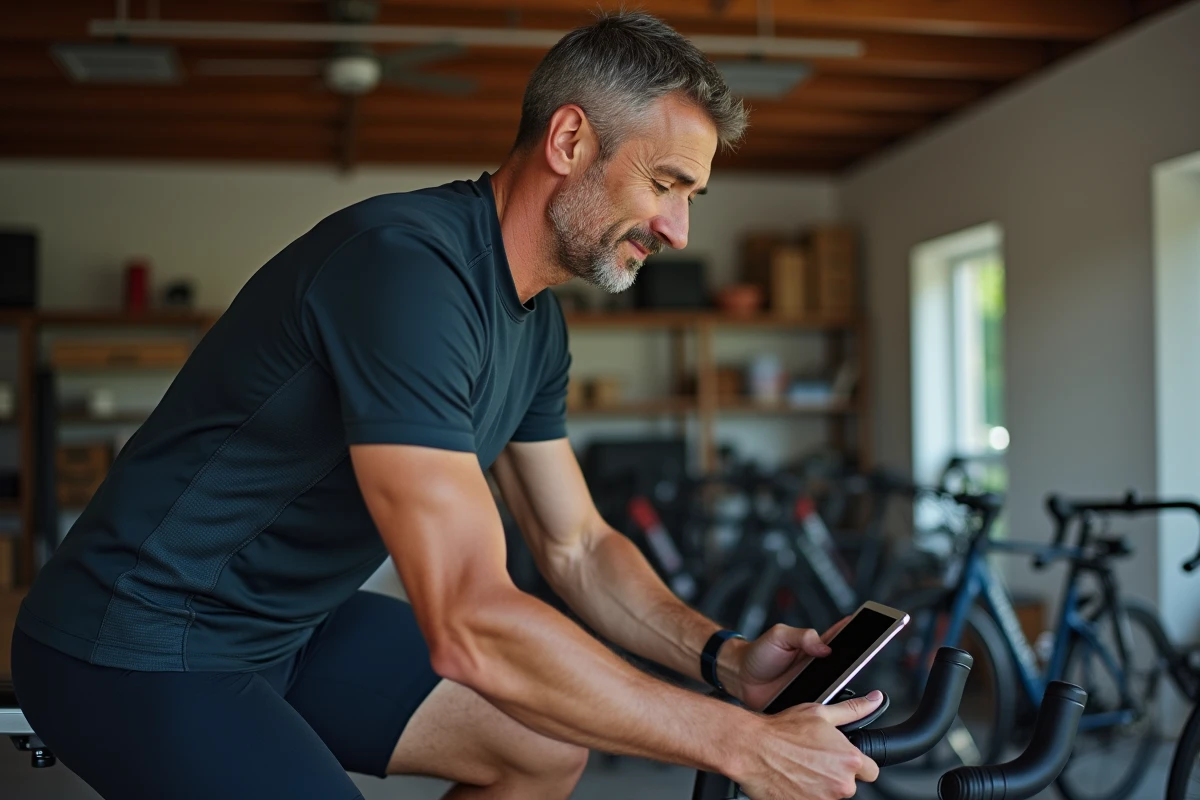 Homme en entraînement de cyclisme avec tablette dans son garage