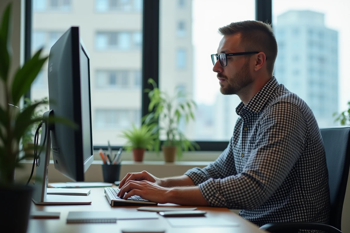 Homme en train de travailler sur un ordinateur dans un bureau