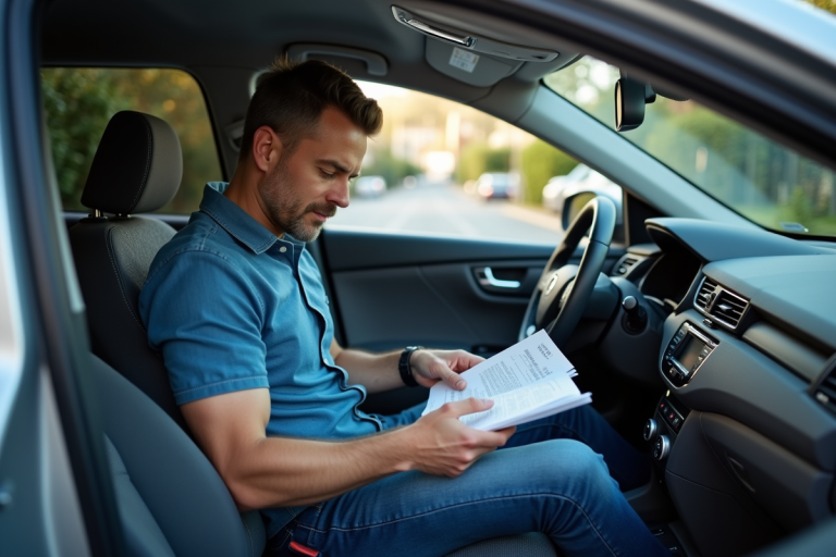 Homme vérifiant ses documents de voiture dans l'habitacle