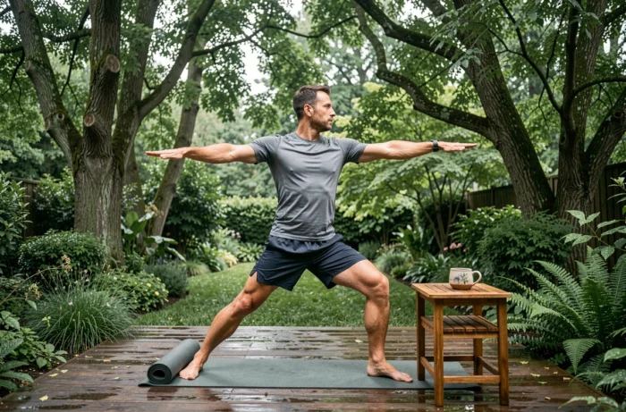 Homme pratiquant le yoga au lever du soleil sur une terrasse en bois entourée de verdure, routine bien-être matinale