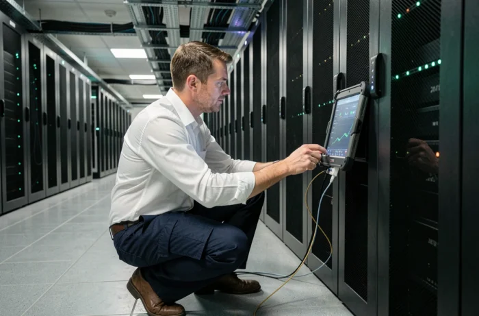 Technicien réseau configurant une infrastructure de données dans un centre serveur moderne aux rangées de racks alignés
