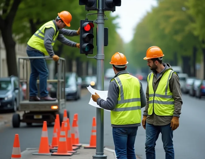 Techniciens municipaux installant un nouveau feu de signalisation tricolore dans une rue suburbaine française