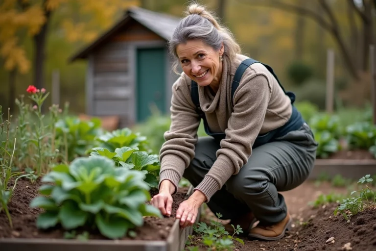 Femme d'âge moyen en pantalon de travail et pull, jardinant en automne