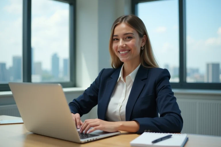 Jeune femme professionnelle travaillant sur son ordinateur dans un bureau moderne