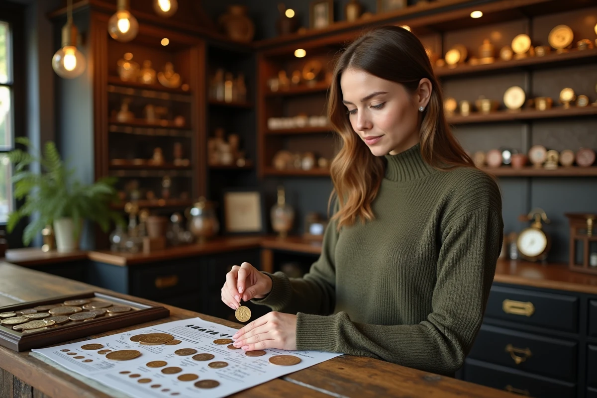 Jeune femme observant une pièce Napoleon dans une boutique de monnaies