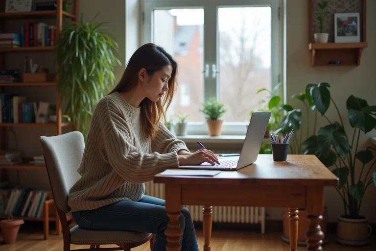 Jeune femme en étude médicale dans un bureau cosy