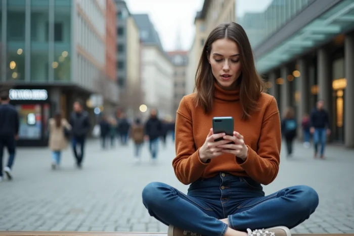 Jeune femme consultant les dernières infos en ligne sur son smartphone dans une place urbaine