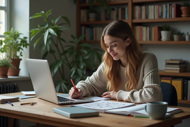 Jeune femme concentrée avec puzzle et ordinateur