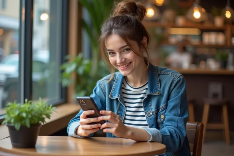 Jeune femme souriante avec smartphone dans un café