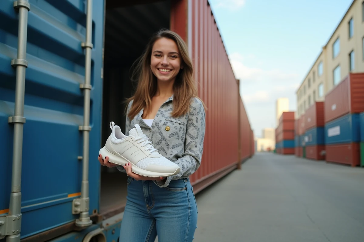 Jeune femme avec sneakers devant un conteneur de livraison