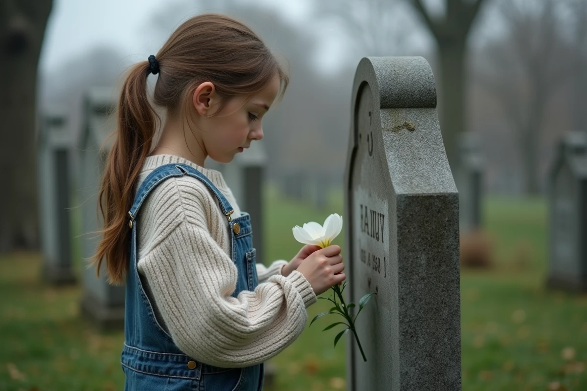 Jeune fille déposé une lys blanche sur une tombe dans un cimetière rural
