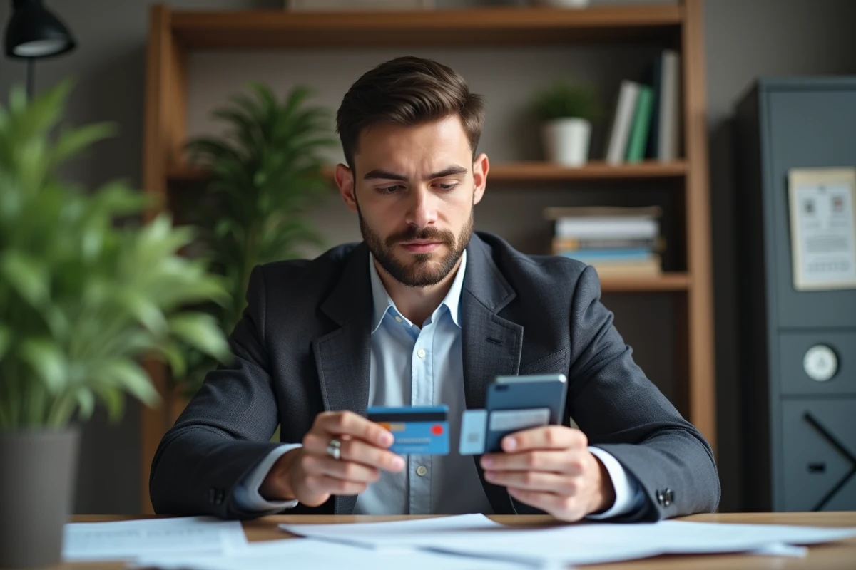 Jeune homme effectuant une transaction bancaire à domicile