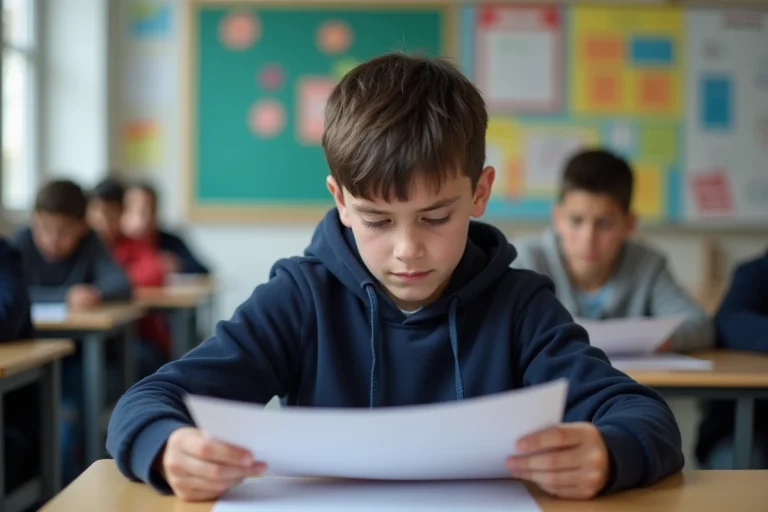 Jeune garçon de 12 ans consulte son bulletin scolaire dans une classe moderne