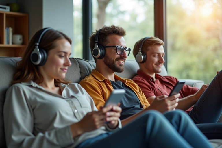 Jeunes adultes relaxant avec écouteurs dans un salon lumineux