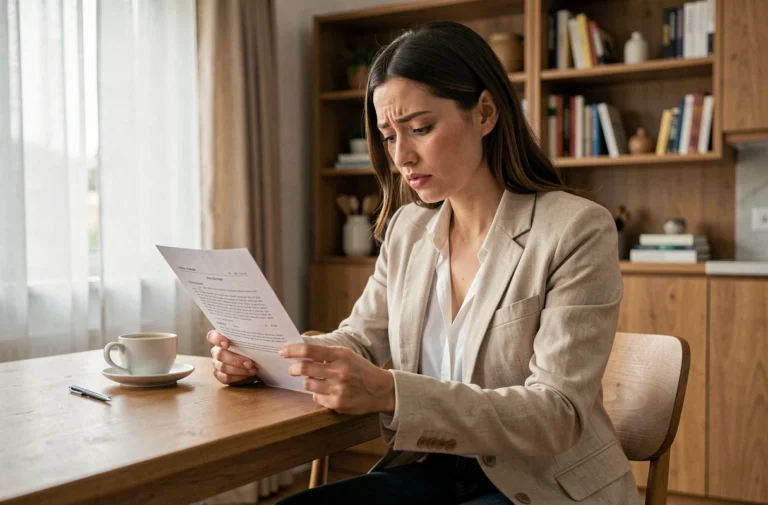 Locataire lisant attentivement un contrat de bail meublé à son bureau dans un appartement moderne