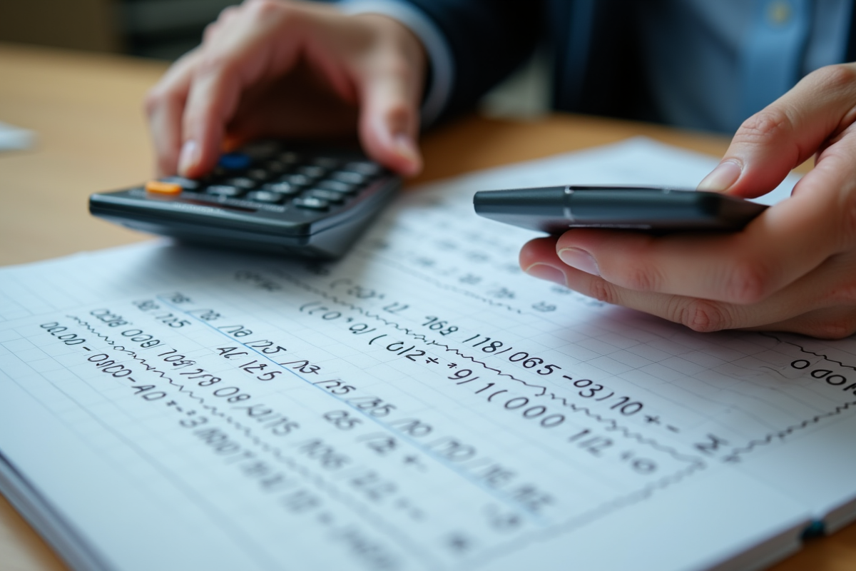 Mains tenant une calculatrice scientifique sur un carnet