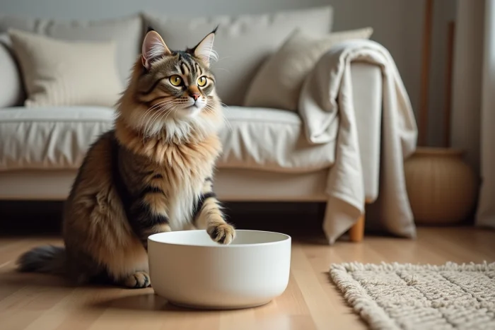Maine Coon majestueux assis près d'une fontaine à eau pour chat en céramique sur parquet en chêne dans un salon chaleureux