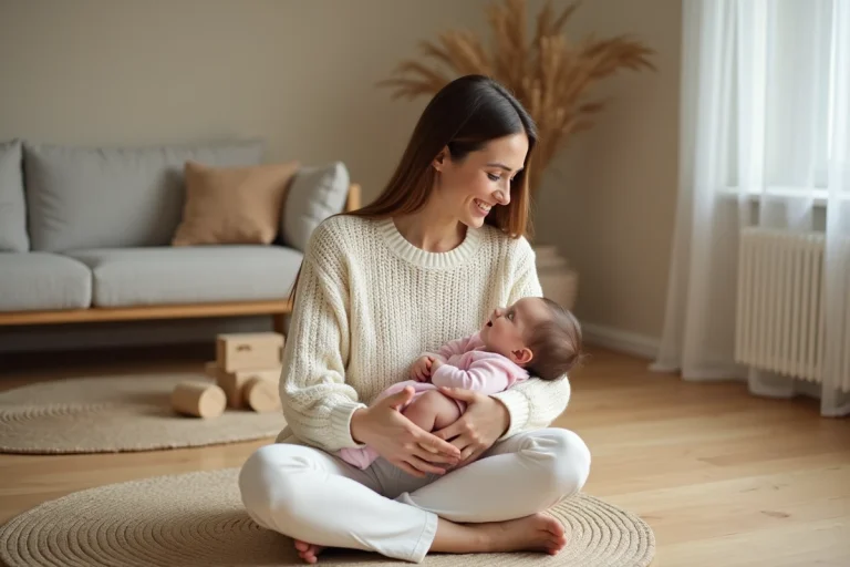 Jeune maman tenant tendrement son bébé contre elle dans un salon cosy aux tons neutres, favorisant le bien-être et l'éveil de l'enfant