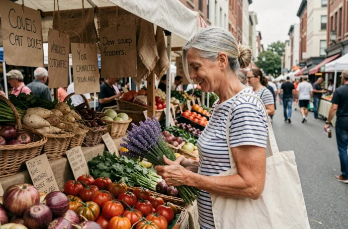 Femme choisissant des produits frais et locaux au marché fermier pour adopter un mode de vie sain et naturel