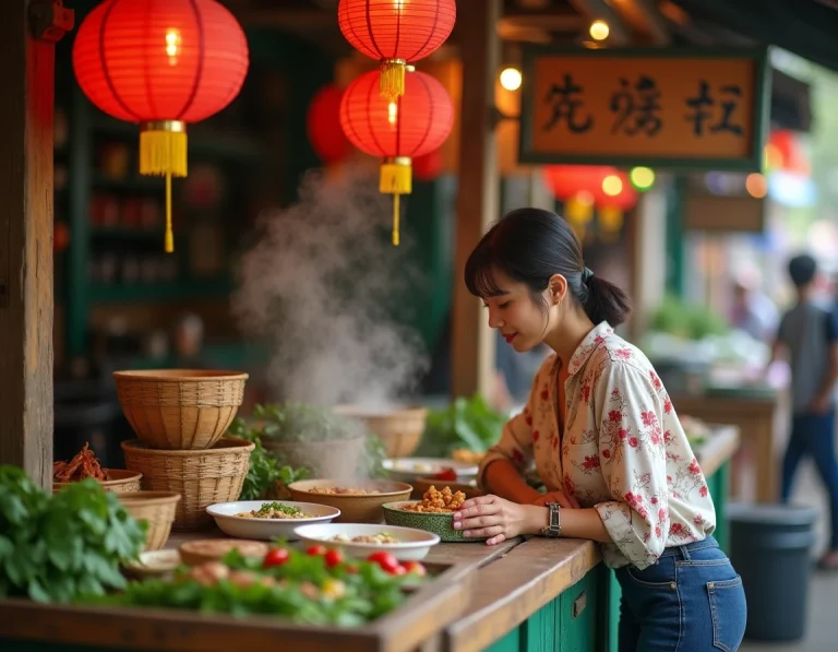 Jeune femme découvrant des plats de rue asiatiques dans un marché nocturne animé avec des bols de pho et de curry thaï